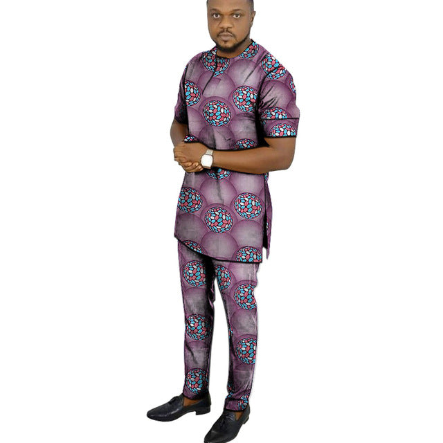 African clothes men's print set short sleeve shirt