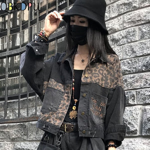 Vintage Black Leopard Women Denim Jacket