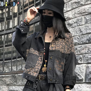 Vintage Black Leopard Women Denim Jacket