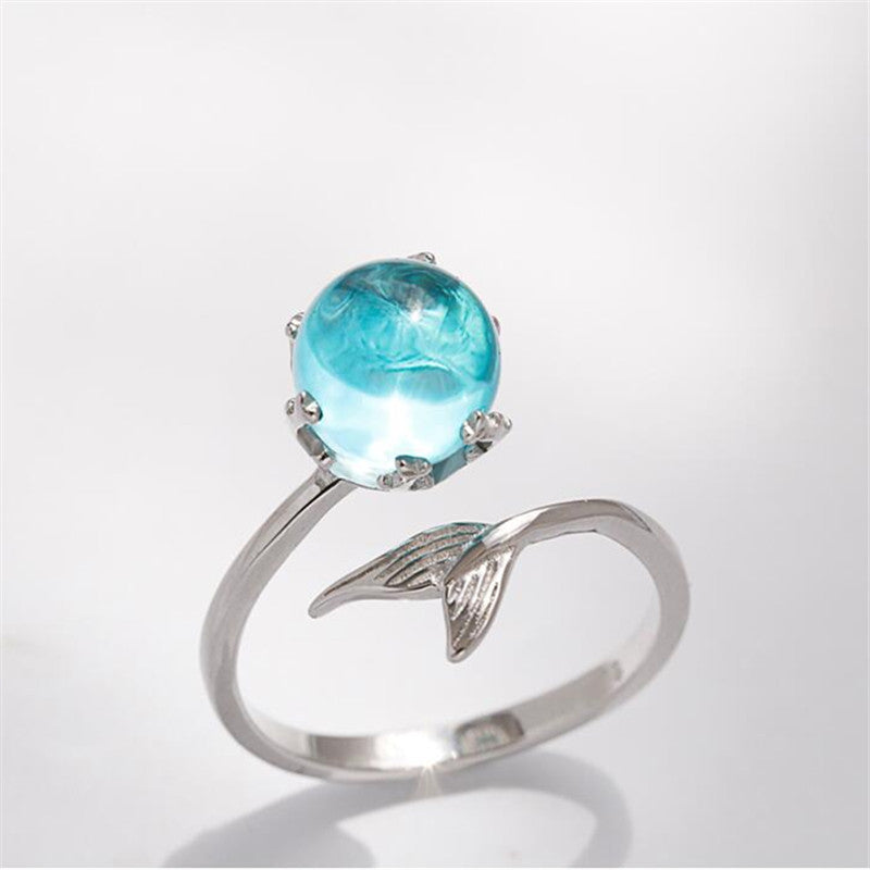 925 Sterling Silver Blue Crystal Mermaid Bubble Open Rings