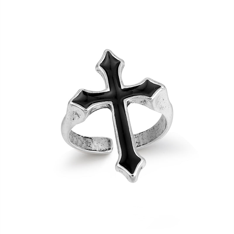 Vintage Black Big Cross Open Ring