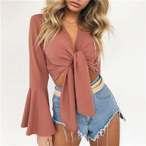 Women Blouses New Sexy Long Flare Sleeve Bandage